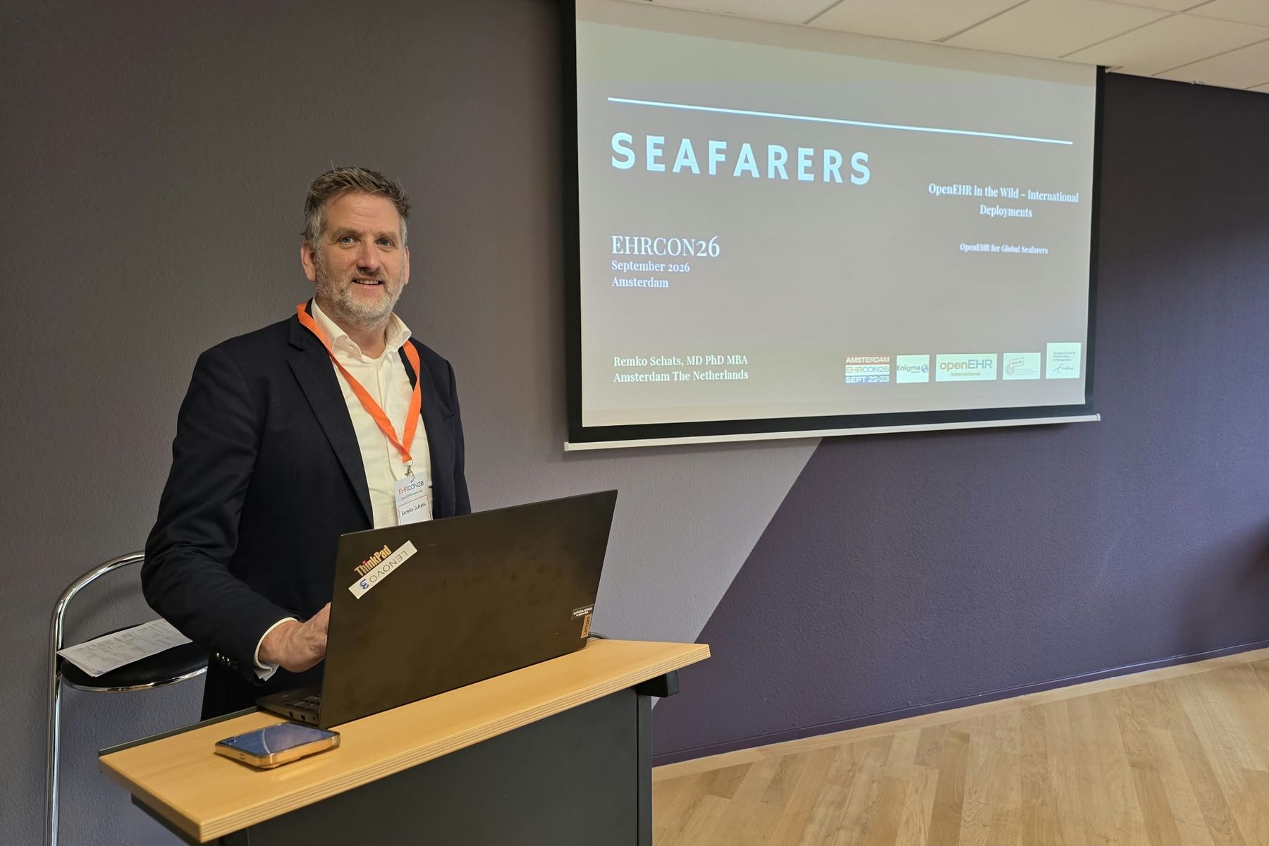Remko Schats presenting on seafarers at EHRCON26 in Amsterdam